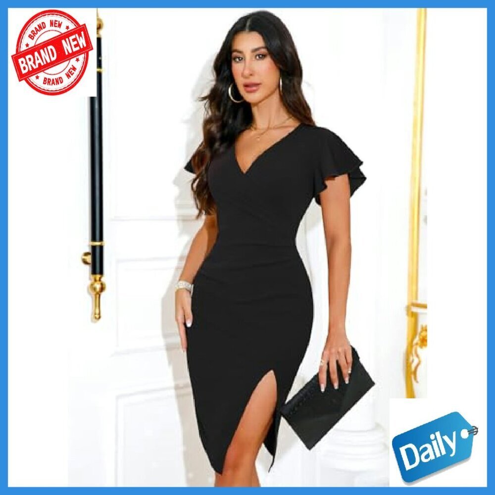 V-Neck Wrap Ruffle Sleeve Ruched Bodycon Slit Cocktail Dress - Picture 4 of 8